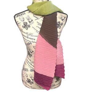 Boissy Paris Crepe Pleated Scarf Green Pink Brown Striped Vintage Made In France